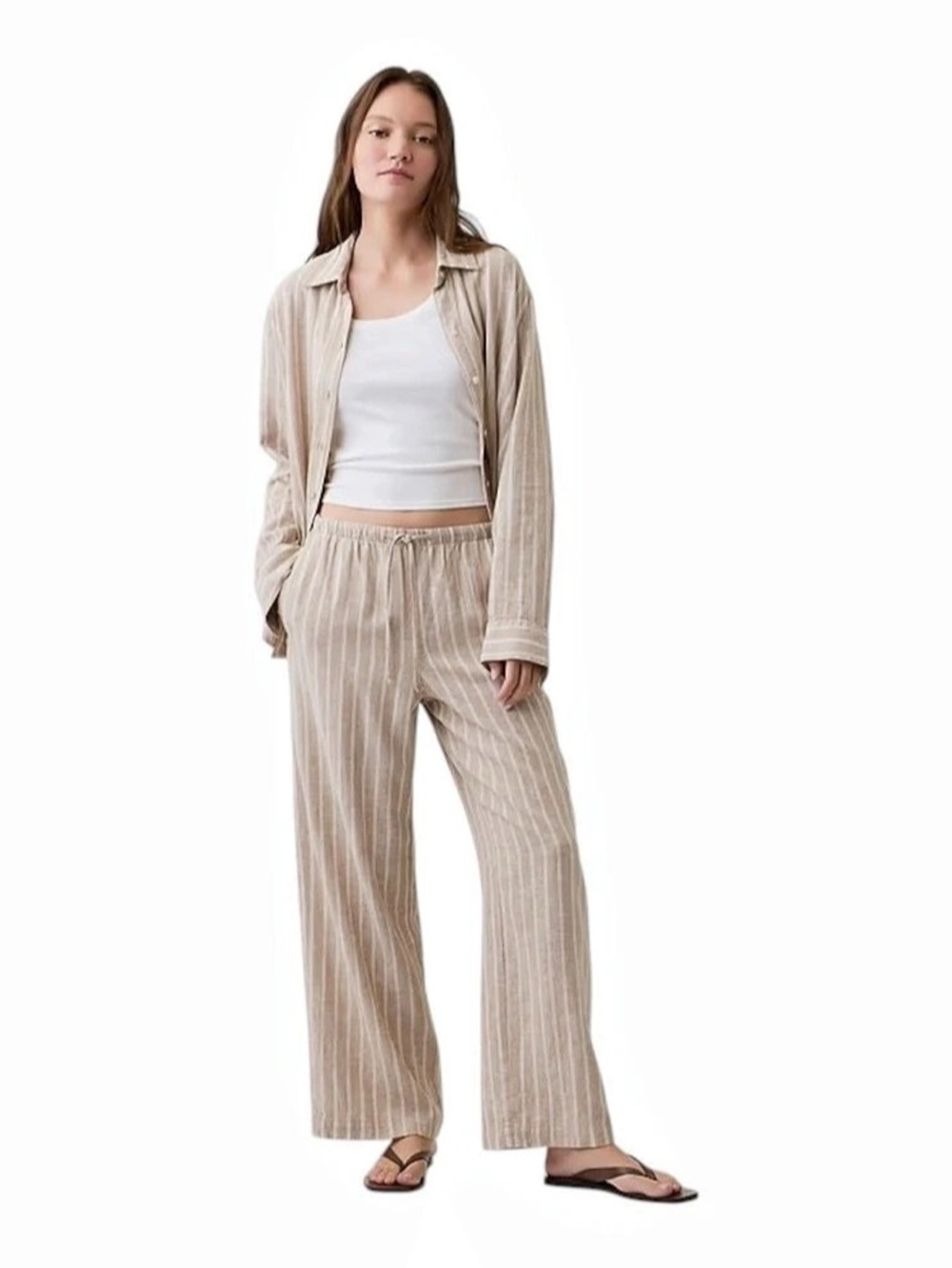 Gap Khaki Pinstripe wide leg mid-rise pants w drawstring & pockets  Size XS BNWT